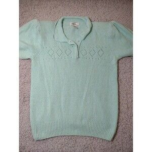 VTG SML Sport Women's Short Sleeve Silk And Nylon Sweater Pearl Buttons Teal M